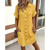 2025 Aliexpress Wish Amazon Verano Caliente Vestido Sencillo de Cuello en V con Botones de Color Puro para Mujer Ropa para Mujer de Exportación