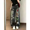 Calça Reta Youhuo Chao Li para Mulheres Baixas, Jeans de Perna Larga Curva Bordado de Desenho Animado Retrô Americano