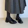 Mocasines vintage súper suaves de piel de vaca con tacón grueso para mujer, zapatos de tacón alto sin cordones, zapatos casuales estilo británico sin cordones de cuero genuino