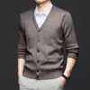 Suéter liso para hombre en stock, cárdigan de punto de calidad, engrosado de un solo botón con cuello en V y bolsillos reales, suéter para hombre