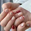 Floco de Neve Cereja de Natal Unhas Vestíveis Polca Ponto Vermelho Vinho Menina Doce Unhas Curtas Redondas Atmosféricas Unhas Postiças Removíveis