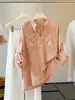 Nova camisa vintage de verão para mulheres, com bordado pesado e miçangas, decote em V, manga longa, corte solto, blusa elegante e de alta qualidade em algodão e linho