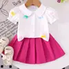Camisa de Verano de Nuevo Estilo con Mangas Abullonadas Baoxin Amazon Europea y Americana, Falda Corta Plisada Rojo Rosado, Linda y Dulce para Niñas