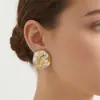 Pendientes de botón con patrón de rombos de acero inoxidable, bloque de color dorado y plateado, adornos redondos para la oreja, pendientes de lujo ligero de alta gama, resistentes al color