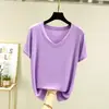 Camiseta de Algodão Fina Estilo Novo de Verão para Mulheres Gola V Manga Curta Cor Sólida Solta Versátil Tamanho Plus Size Manga Meia Manga Camiseta Top
