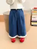 1477 Calças Infantis Primavera Nova Estilo Coreano Conjunto Jeans Solto Infantil Primavera e Outono Calças de Renda para Meninas