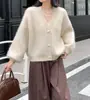 Cárdigan de Punto con Cuello en V Estilo Perezoso Otoño e Invierno Nuevo Transfronterizo Chaqueta Suéter Top Versátil de Color Puro Dulce Reductor de Edad para Mujer
