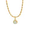 Novo colar feminino de aço titânio, estilo chinês, pingente redondo de pedra natural com corrente de miçangas de arroz, luxo leve, simples, não desbota, elegante