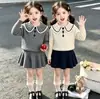 Conjunto de Suéter para Niña, Nuevo Estilo Otoño/Invierno, Conjunto de Falda Tejida a la Trenza con Cuello Invertido Inspirado en Little Chanel, Conjunto de Dos Piezas Estilo Universitario para Bebé Niña