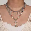 Colar Feminino Ajustável de Liga Estilo Étnico Retrô Pingente Redondo Cruz Contas de Pérola Acrílico