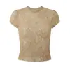 Camisa Corta de Encaje Transparente Calada de Manga Corta Sexy para Mujer, Nuevo Estilo de Verano Ajustada de Cuello Redondo Crop Top Blusa Delgada