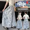 Conjunto de Verão para Meninas, Novo Conjunto Estilo Chinês para Crianças Maiores, Blusa Elegante de Manga Curta com Gola de Botão, Conjunto de Duas Peças Estilo Tendência Nacional