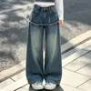 Jeans de Perna Larga Patchwork Falso Duas Peças Bainha Desfiada Cobre o Bumbum para Meninas Outono Estilo Coreano Solto Versátil Reto Comprimento Total