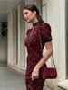 Vestido Floral Retro Estilo Palacio con Cuello Alto, Mangas Cortas Abullonadas Francesas, Cintura Alta, Efecto Adelgazante y Elegante Look de Diosa