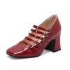 Zapatos Mary Jane de Moda con Punta Cuadrada, Tacón Grueso, Boca Baja y Hebilla de Cinturón para Mujer 2025 Nuevo Otoño Tacones Altos de Piel Genuina Negro y Rojo