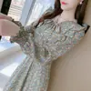 Vestido Longo Floral com Renda e Babados de Temperamento Francês Feminino Outono Afinando a Cintura Laço Linha A Transfronteiriço