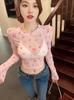 Camiseta para Mulheres Estilo Coreano Doce e Picante Estilo Personalizado Estampa de Borboleta Design Gola Redonda Manga Longa Proteção Solar Nicho Novo Top Curto
