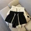 Calças Pretas de Cintura Elástica com Cordão e Perna Larga para Mulheres, Shorts de Verão com Renda em Patchwork de Cintura Alta em Linha A para Figuras Baixas, Calças Casuais