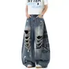 Jeans Rasgado com Estampa de Letras Retro Americano para Mulheres, Design Moderno de Verão, Calça Larga Solta