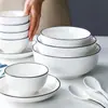 Estilo Escandinavo Línea Negra Vajilla de Cerámica para el Hogar Tazones y Platos Tazones Cuadrados Tazones para Arroz Tazones para Sopa Platos Profundos Tazones Gruesos para Arroz Aptos para Microondas
