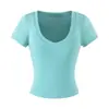 Top Camiseta de Estilo Dibujo Animado con Escote en V Profundo, Nuevo Estilo Básico Versátil de Color Caramelo para Verano, Yoga Fitness, Hombros Normales Mangas Cortas