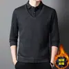 Suéter de felpa grueso con solapa, estilo dos piezas falsas, para otoño e invierno, para hombre, casual y cálido, adecuado para padres de mediana edad, camiseta base de punto