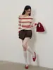 JISGN STUDIO Suéter de punto a rayas elegante y casual, de hombros descubiertos y corte ajustado para mujer