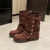 Primeiro Encontro Ji Ju Linda Garota Atraente Calça Larga Botas para Pernas Mulher 2026 Verão Novo Fivela de Cinto Salto Bloco Emagrecedor Botas de Tornozelo