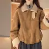 Abrigo de Cuero y Piel Integrado Grueso con Forro de Vellón de Gamuza para Mujer, Nueva Moda de Invierno 2026 Chaqueta Corta de Algodón Color Caqui