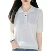 Camiseta de Punto de Algodón Puro con Cuello Polo de Manga Corta para Mujer, Diseño de Botones en Color Verano, Elegante y Juvenil, Top Transpirable de Media Manga