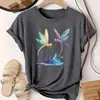 Camisa Casual Feminina de Algodão Puro 2025 com Gola Redonda e Manga Curta com Estampas Europeias, Americanas e do Sudeste Asiático de Algodão