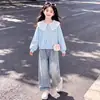 2026 Novo Conjunto de Duas Peças para Meninas Primavera e Outono Design Dopamina Moletom de Manga Longa com Laço e Jeans Estilo Coreano Tendência