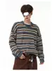 Tricô Color Block Listrado Retro Americano Gola Redonda para Homens e Mulheres Outono Estilo Preguiçoso Solto Jaqueta Tricotada Pulôver Relaxada