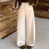 Calças Largas de Lã Acetato Femininas 2026 Outono/Inverno Novas de Cintura Alta Cobrindo o Quadril Casuais Elegantes para o Trabalho Longas