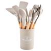 Juego de 12 utensilios de cocina de silicona con mango de madera, sartén antiadherente, barril de almacenamiento, espátula, cuchara para saltear, cuchara para sopa, colador, pinza para alimentos