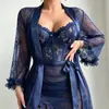 Camisola Curta Sexy Assimétrica de Cruzamento, Que Abraça o Quadril, Roupão de Renda em Malha, Conjunto de Loungewear Transparente de Manga Longa, Item Quente de Comércio Exterior