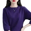 Top de tricô canelado com gola redonda em algodão puro, novo estilo outono, moda coreana, blusa básica estilosa, de manga curta, soltinha, cor sólida para mulheres
