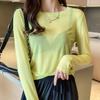 Camiseta interior de malla transparente color caramelo de primavera y verano para mujer, de manga larga y protección solar, camiseta interior suelta