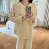 Pijama de forro polar estilo isla para mujer, estilo coreano, diseño simple, forro polar fino, cuello redondo, manga larga, pantalón largo, ropa de estar cálida, adecuado para usar tanto en interiores como en exteriores, para otoño e invierno