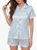 Comercio Exterior Transfronterizo Conjunto de Pijama para Mujer Europeo y Americano de Satín con Rayas Estampadas, Cardigan de Solapa, Mangas Cortas, Shorts y Ropa de Casa