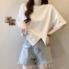 1.0-150kg Tamanho Extra Grande Camiseta de Manga Curta Ombro Direito para Mulheres Verão Novo Look Emagrecedor Cobre a Barriga Top com Fenda Assimétrica Ins