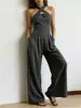 Mono de Verano Elegante Europeo y Americano Transfronterizo sin Mangas de Hombros Descubiertos con Tirantes Cruzados y Pantalones de Pierna Ancha Ajustables en la Cintura con Rayas Tejidas de Color Sólido