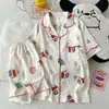 Pijama de Algodão Nuvem para Mulheres, Estilo Fino de Verão, Conjunto de Top de Manga Curta e Shorts com Bolinhas Desenho Animado Japonês INS, Conjunto para Casa de Estudante
