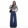 Jeans de trabajo de pierna ancha, estilo francés, color naranja joven, azul, multibolsillos, para mujer, corte holgado, adelgazantes, modernos, versátiles y de largo hasta el suelo