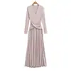 8754-26 Luz de Outono Elegante Madura Estilo Irmã Vestido Cruzado com Decote em V Temperamento Temperamento Emagrecedor Valorizador Vestido de Manga Longa