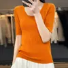 Camiseta de punto fina de manga corta para mujer, color liso a rayas, cuello en U, lana peinada, capa base, manga media, adelgazante, para ir al trabajo, primavera y verano