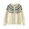 Cárdigan de Punto Fair Isle con Cuello Redondo para Mujer 2025 Primavera y Otoño Nuevo Estilo Holgado Perezoso Top Exterior Suéter Chaqueta de Moda