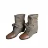 Novas botas curtas vintage de outono e inverno com bico redondo e laço para mulheres, estilosas e elegantes, com aumento interno de altura, botas western versáteis