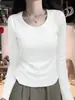 Camiseta Básica de Algodón Puro Estilo Ins Primavera y Otoño Cuello en V Estilo Coreano Estilo Perezoso Cintura Ceñida Adelgazante Interior Manga Larga