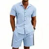Conjunto de Verano Transfronterizo de Amazon para Hombre: Camisa Casual Sencilla de Color Sólido con Cuello y Mangas Cortas y Pantalones Cortos a Rayas para Hombre